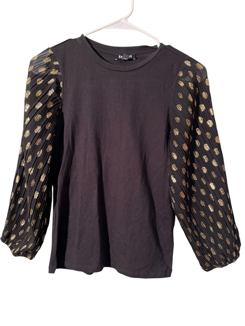 Express Women's Size XXS Long Sleeve T-Shirt Black Gold Foil Dot Sleeve Sheer